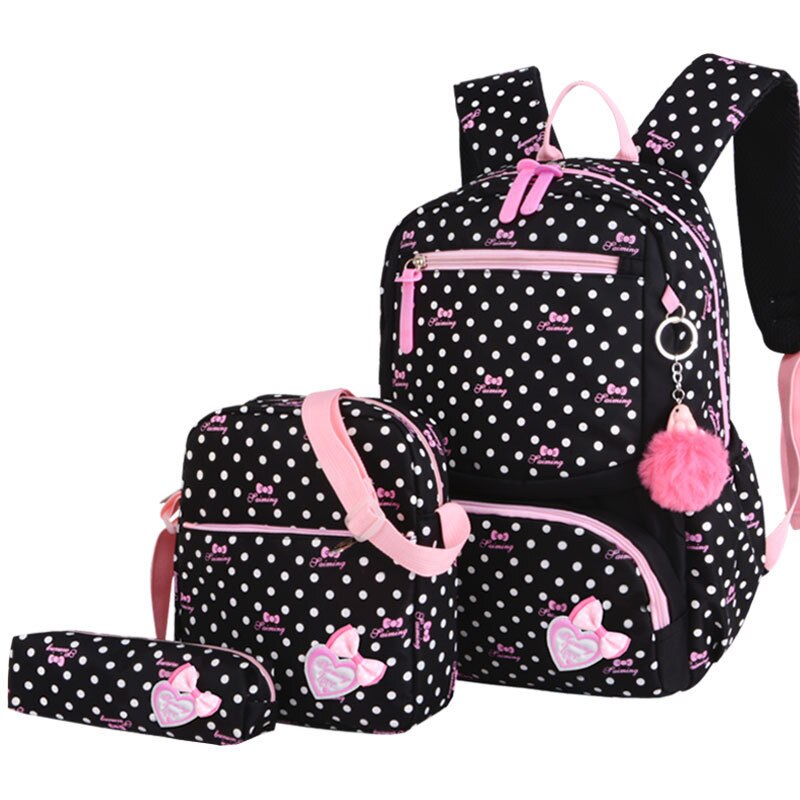 Sacs d'école à 3 imprimés pour enfants, cartable tendance pour filles: black