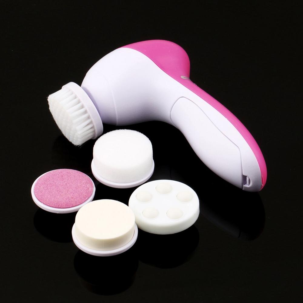 5 in 1 elektrisk vask ansigtsmaskine ansigts porerens kropsrensende massage mini hud skønhed massager børste kvinder rene børster: Lyserød