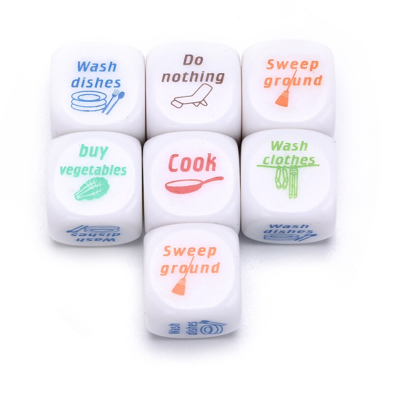 7 unids/set 20mm casa de misión dados lavar la ropa cocinar comprar verduras lavar los platos no hacer nada barrer suelo dados