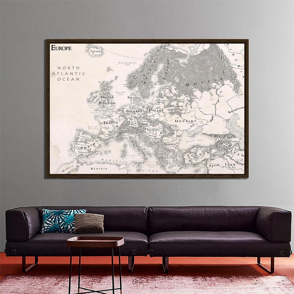 150x225cm mapa de Europa Simple blanco negro no tejido Mapa de decoración para decoración de pared de oficina, hogar, colegio
