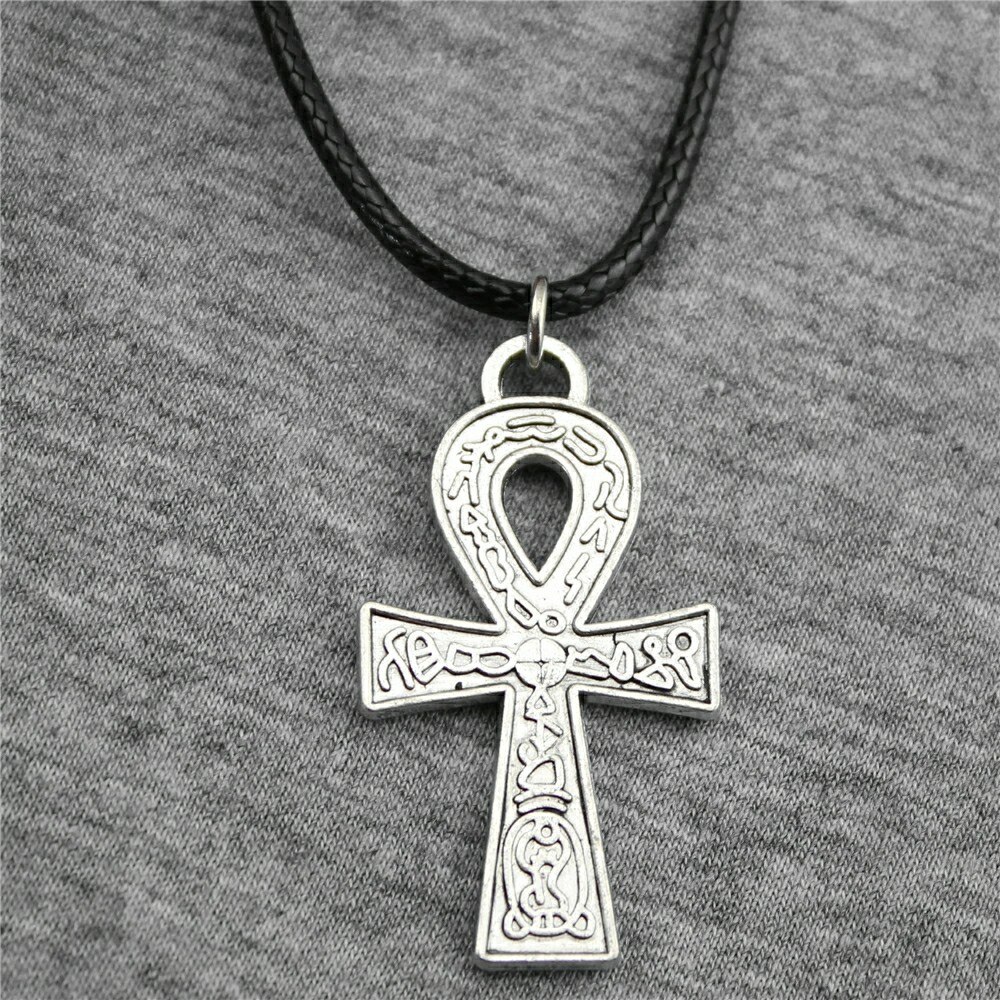 2 Colors Antique Bronze Silver Plated Plated 38x21mm Ankh Cross Pendant Necklace Leather Chain Necklace