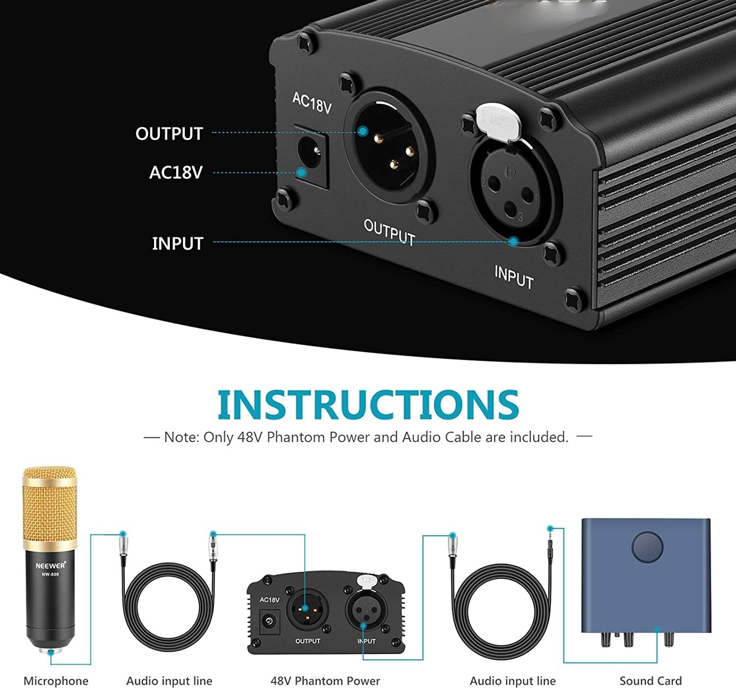 Alimentation fantôme 48V avec adaptateur, en Bonus + XLR, câble de Microphone à 3 broches pour tout Microphone à condensateur, équipement d'enregistrement de musique