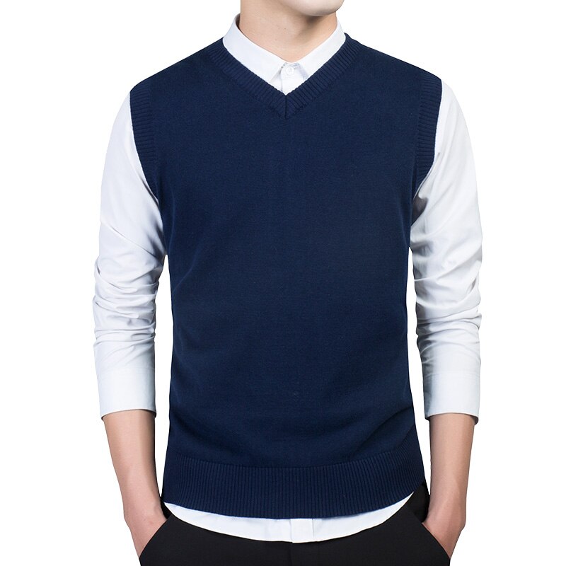 100%  bomullsgenser herre høstvarme herregensere klassisk ren farge v-hals ermeløs vest pull homme vinter herreklær 3xl: Mørke blå / Xxl