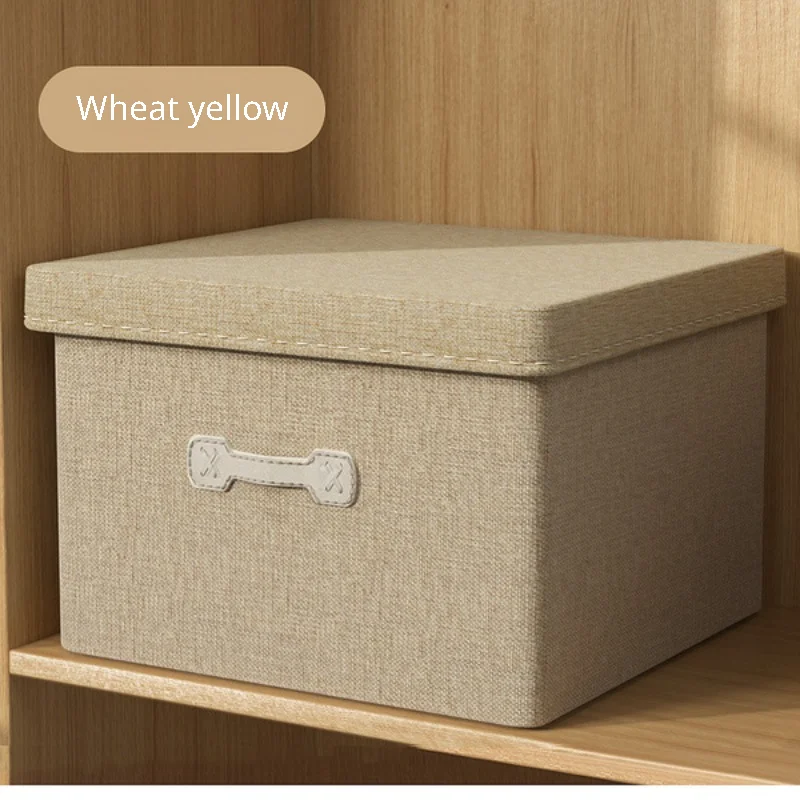 Cotton Linen Folding Storage Box with Lid Closet Drawer Clothes Books Toys Sundries Quilts Organizer Laundry Basket for Wardrobe: L / Yellow