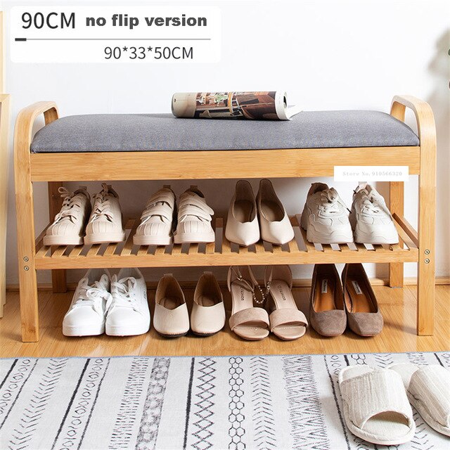 ND190508 Living Room Double Deck Wood Shoe Storage Cabinet Doorway Wood Shoe Rack Modern Fabric Shoes Trying Stool: 90cm no flip version