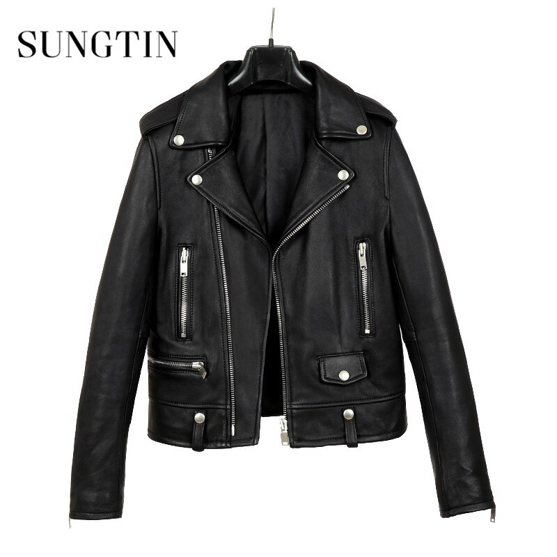 Sungtin-Chaqueta de piel sintética para mujer, abrigo de piel sintética negra, prendas de vestir estilo aviador Punk, para primavera: S