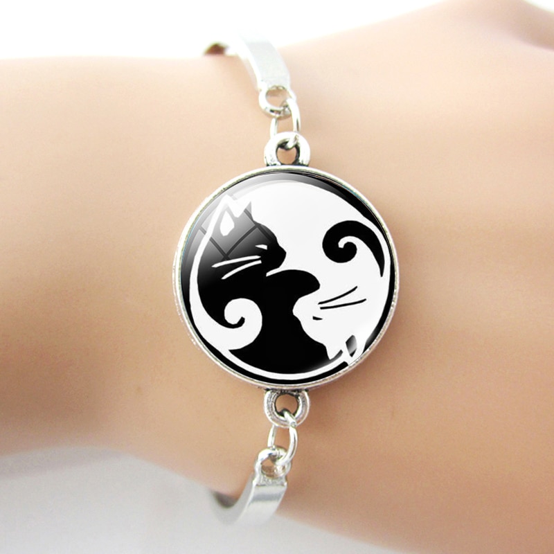 Yin yang tai chi witte kat zwarte kat armband glas cabochon sieraden accessoires dames armband