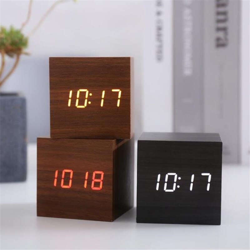 6*6cm Sounds Control Wooden Alarm Clock Modern Wood Digital LED Table Clock Thermometer Date Display Alarm Watch