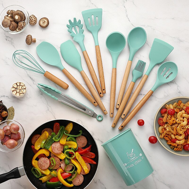 12 Stks/set Food Grade Siliconen Koken Gereedschap Keuken Non-stick Ei Kloppers Spatel Keukengerei Huishouden Houten Handvat Item: Green 2