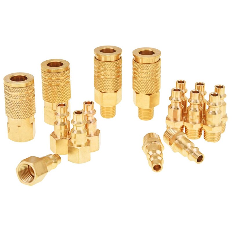 Air Fittings, Air Coupler and Plug Kit, Solid Brass Quick Connect Set,Industrial 1/4inch NPT Air Tool Fittings Set 16Pcs