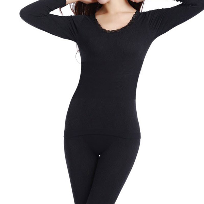 Modale damer vinter termisk undertøj jakkesæt tyk termisk undertøj kvindelig tøj lange tøj til kvinder passer størrelse m-xxl: Sort