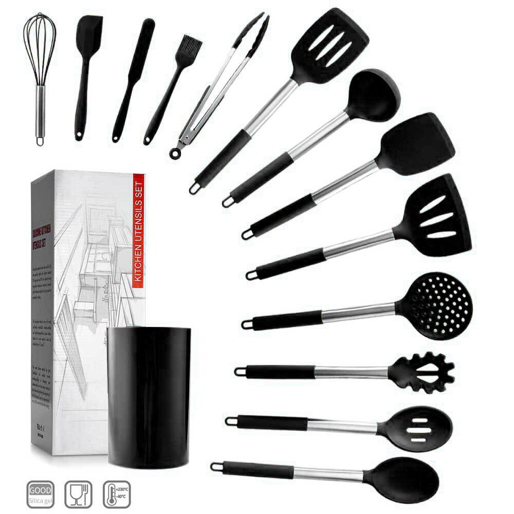14 ustensiles de cuisine en Silicone, ensemble de ustensiles de cuisine, spatule antiadhésive, poignée en acier inoxydable, ensemble d'outils de cuisine de alimentaire: black 14pcs