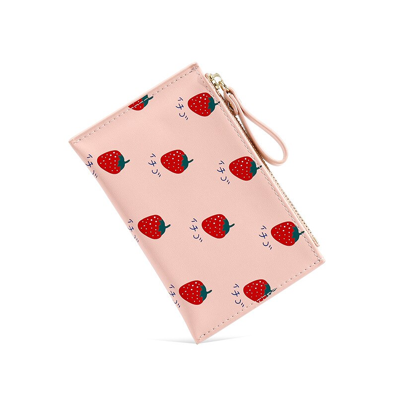 PURDORED 1 Pc Cute Women Card Holder Small Fruit Patterns Credit Card Case PU Female Minimalist Zipper Mini Coin Purse Wallet: pink strawberry