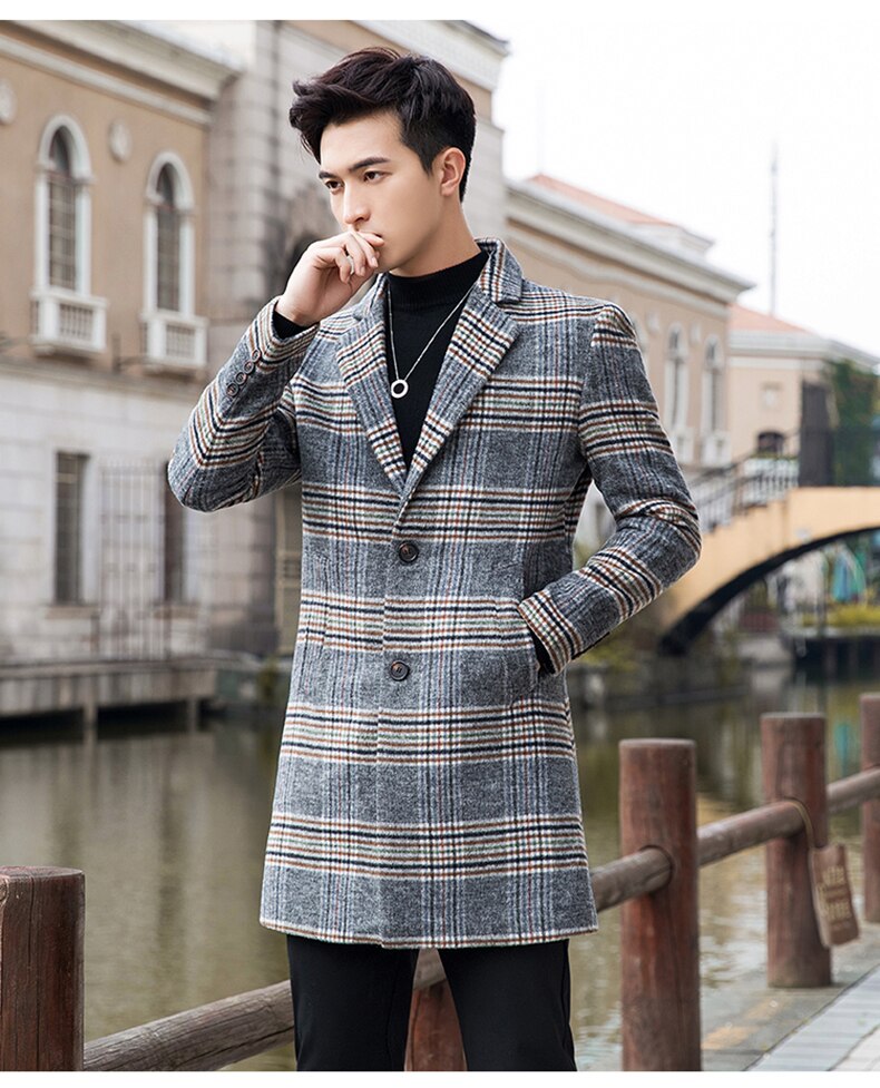 Batmo Herfst Wol Plaid Toevallige Trenchcoat Mannen, Mannen Wollen Jas, wol Jassen Mannen N901: Grijs / M