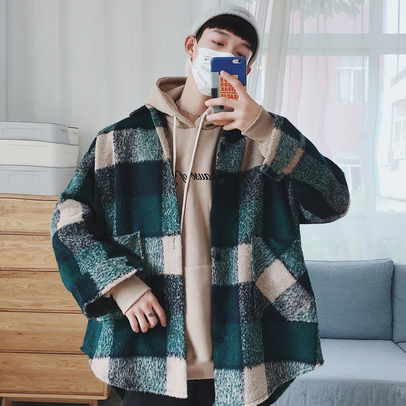 Rutig skjorta herr casual lös ulljacka karl man höst streetwear manliga kläder långärmad skjorta