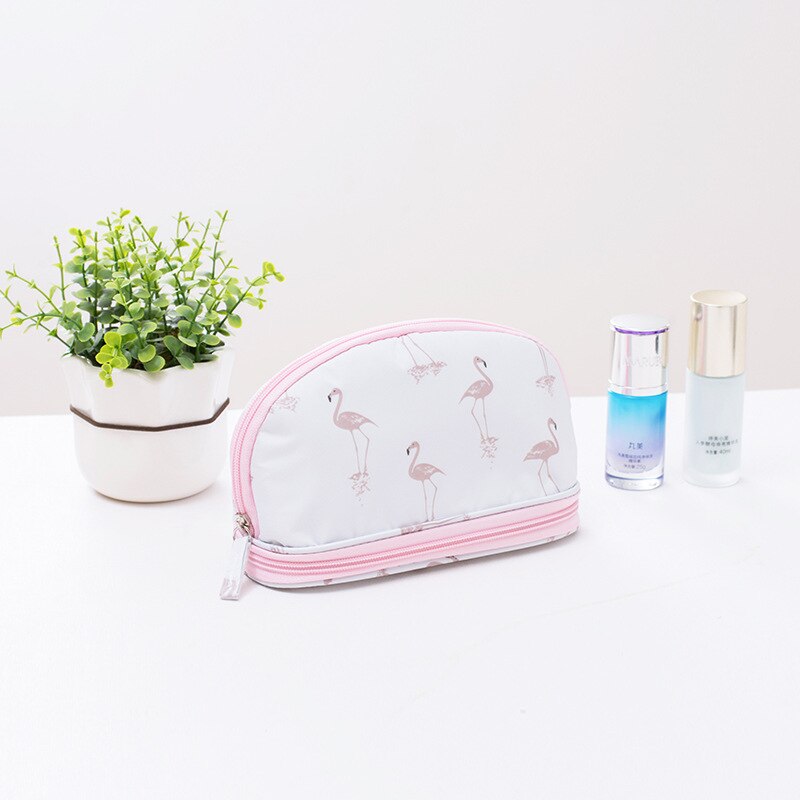 FUDEAM Oxford Multifunction Women Travel Storage Cosmetic Bag Toiletry Organize Semicircle Make Up Bag Eyebrow Pencil Pouch Bag: White Flamingo