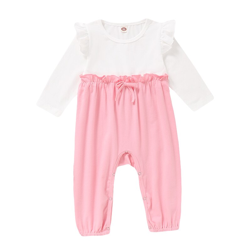 Ropa Para niña recién nacida de 0 a 2T, mono con volante para niña pequeña, mono de empalme blanco y rosa de manga larga, mono barato