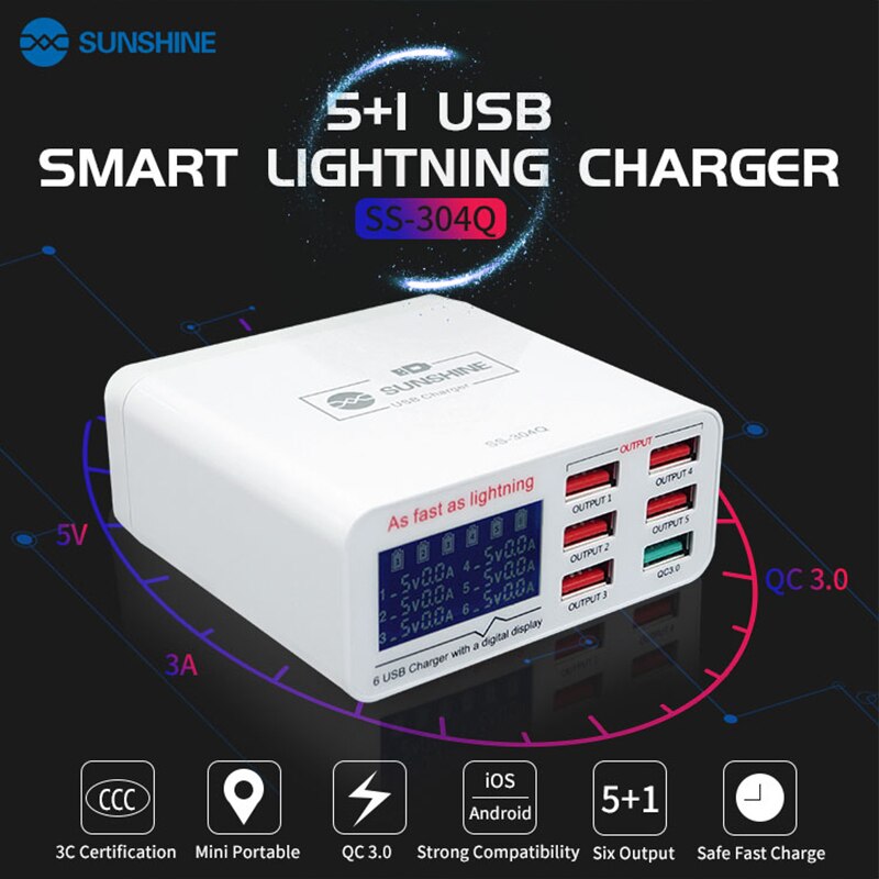SONNENSCHEIN SS 304Q 6 Hafen LCD USB Ladegerät 2,4 EINE Schnelle Ladung Unterstützung Intelligenz QC 3,0 Kompatibilität IPAD iPhone HUAWEI XIAOMI