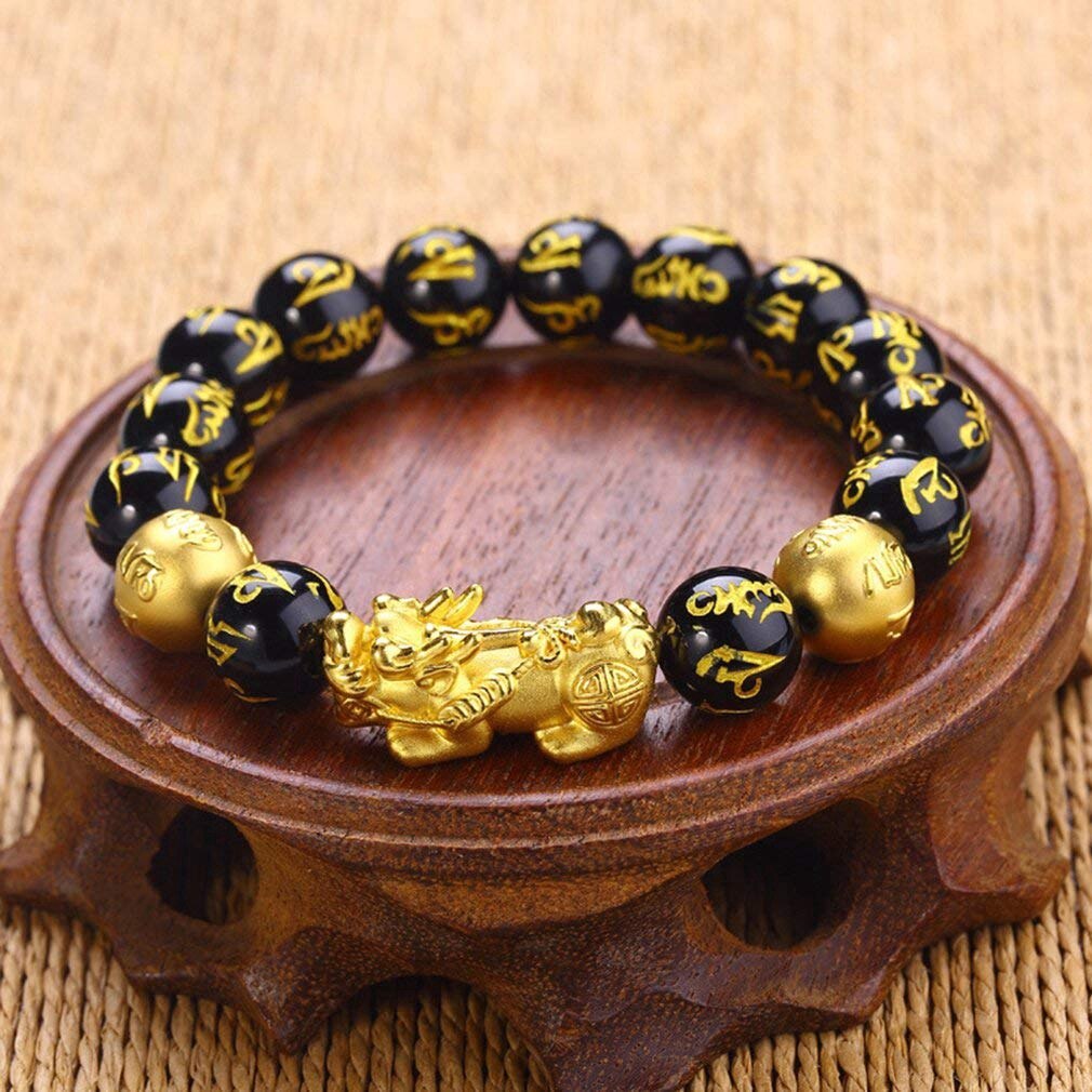 Pulsera de aleación de oro Feng Shui de 12mm, brazalete de dragón chino Pixiu, cuentas negras, abalorios de riqueza, joyería