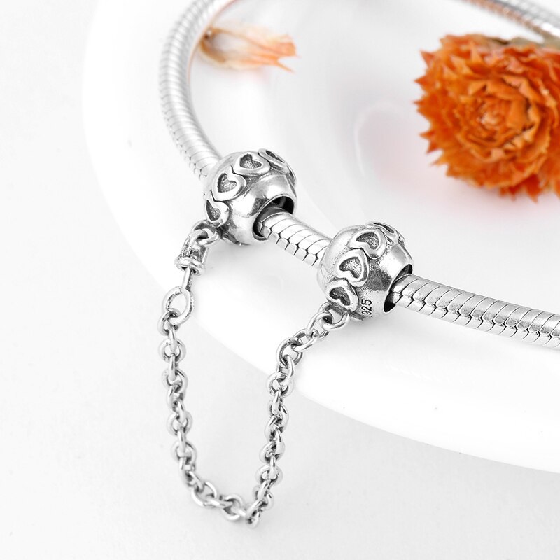 925 sterling sølv sikkerhedskæde perle hjerte forbinde charms passer til originale europæiske armbånd smykker fremstilling