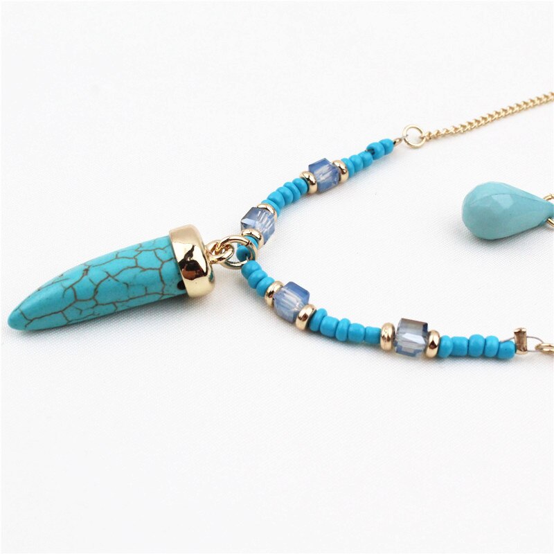 XIALUOKE Bohemia Acrylic Stone Pendant Double Necklace For Women Retro Blue Glass Tassel Sweater Chain Jewelry