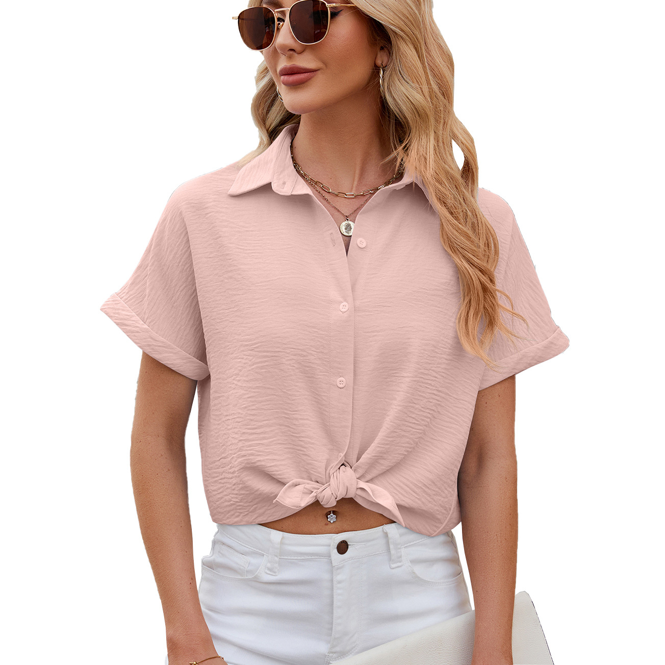 
Summer Women camisas Casual Office Loose Shirt Short Sleeve Lapel Button Down Shirt Solid Color camisas de mujer﻿: L / Pink