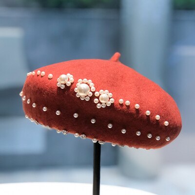 Béret noir rétro britannique pour femmes, automne et hiver, couleur pure, chapeau de peintre de perles en laine, chapeau de citrouille japonais à strass: brick red