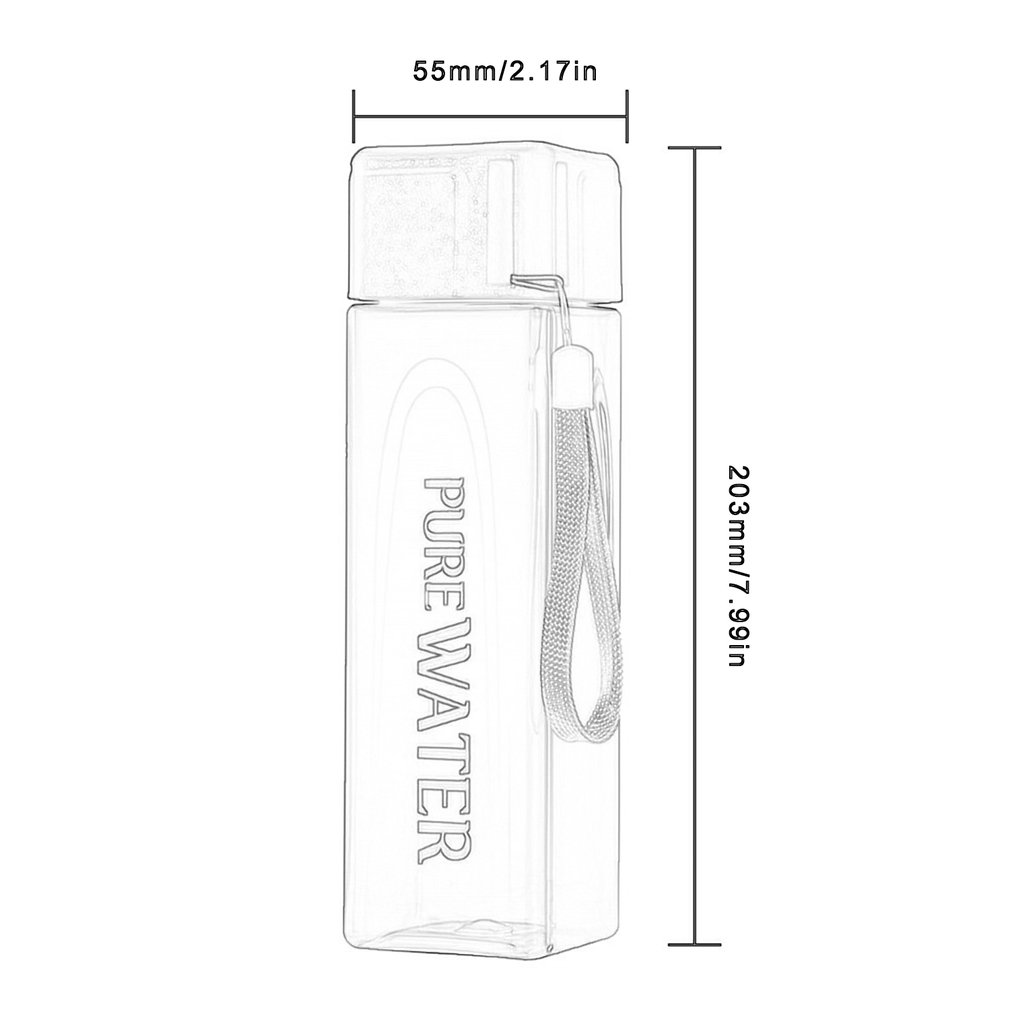 Botella de agua de 480ml, botella cuadrada de plástico transparente mate para beber al aire libre, botella deportiva para leche y zumo con cuerda portátil de Leakproop