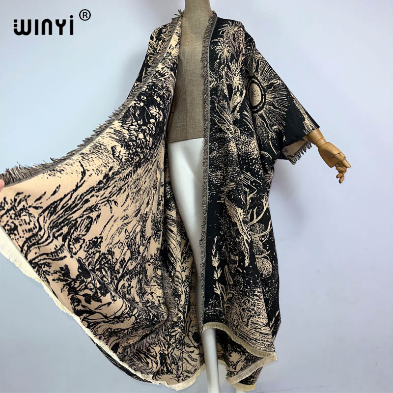 WINYI Winter print cloak poncho Luxury Long Loose OverCoat Thick Warm Female long down coat for women abrigo mujer