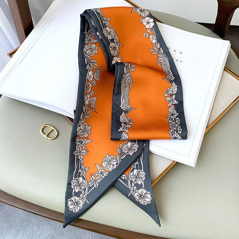 Lang tynd silkehals tørklæde krave slips kvinder foulard taske bånd tørklæder med blomsterprint hårbånd hovedtørklæde: 2