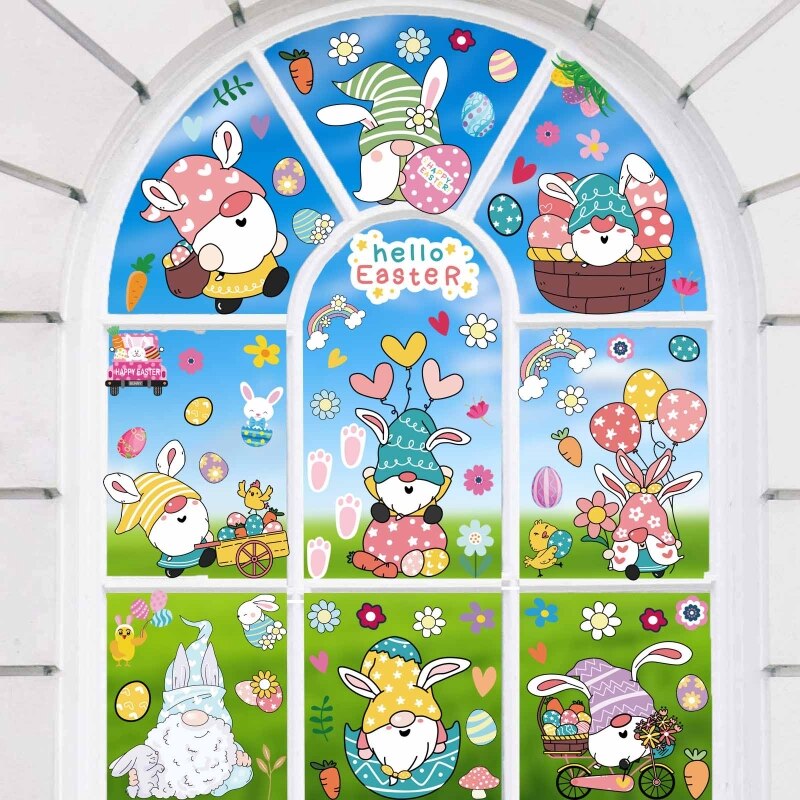 9pcs Easter Window Clings Decorations Gnome Bunny Rabbit Egg Static Wall Sticker Decals Decor for Easter Home Office Party B03E