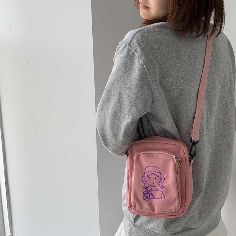 2020 novo pequeno saco do mensageiro das mulheres japão coréia moda mini lona sacos de ombro crossbody para o telefone feminino saco zíper aleta: Pink
