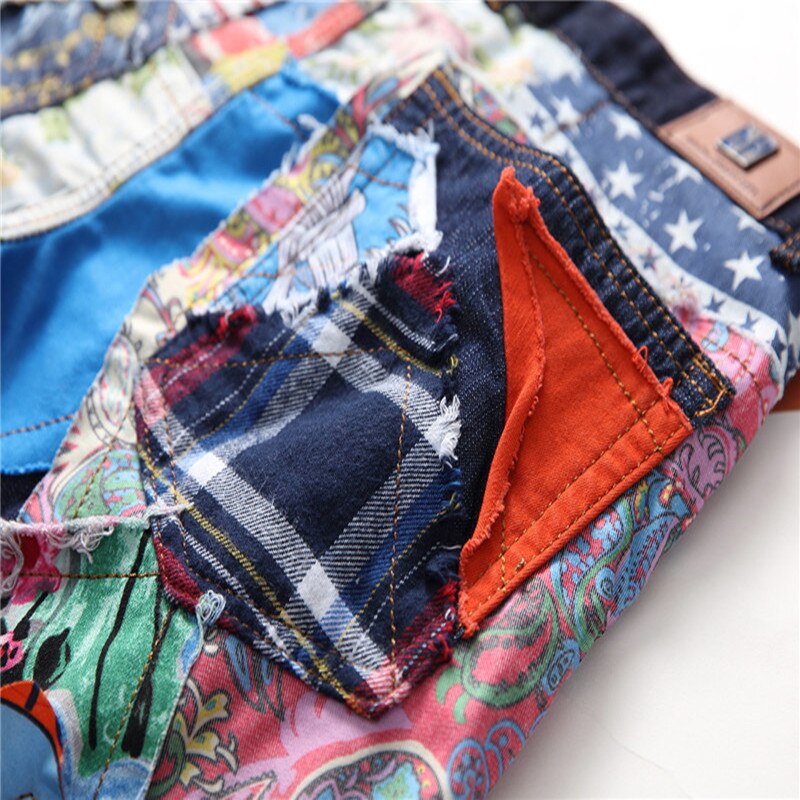 Men's Patchwork Spliced Ripped Denim Jeans Male Slim Colored Patch Buttons Fly Straight Pants