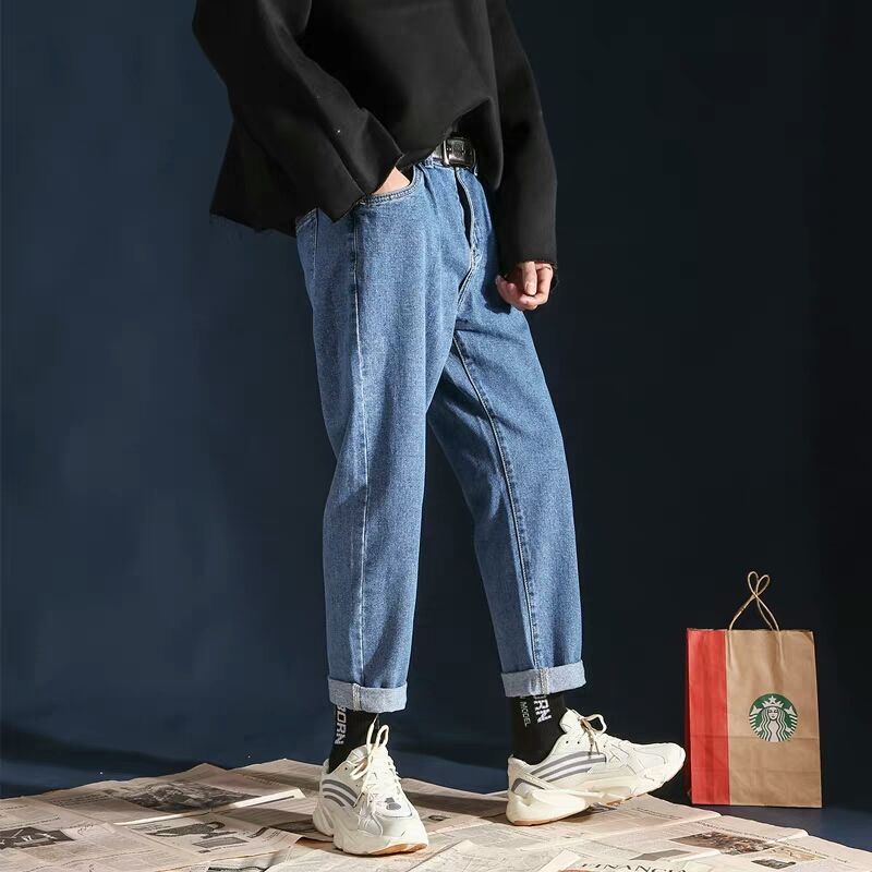 Vår sommar lediga lösa jeans herr retro koreanska trendiga studenter raka enfärgade breda ben casual cropped jeans