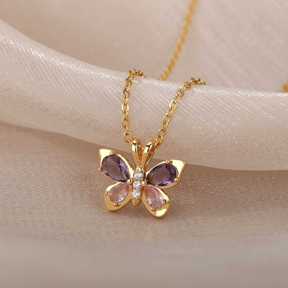 Nette Schmetterling Halskette Für Frauen Kristall Lila Schmetterling Ästhetischen Halsketten Charme Halsband Partei Edelstahl Schmuck