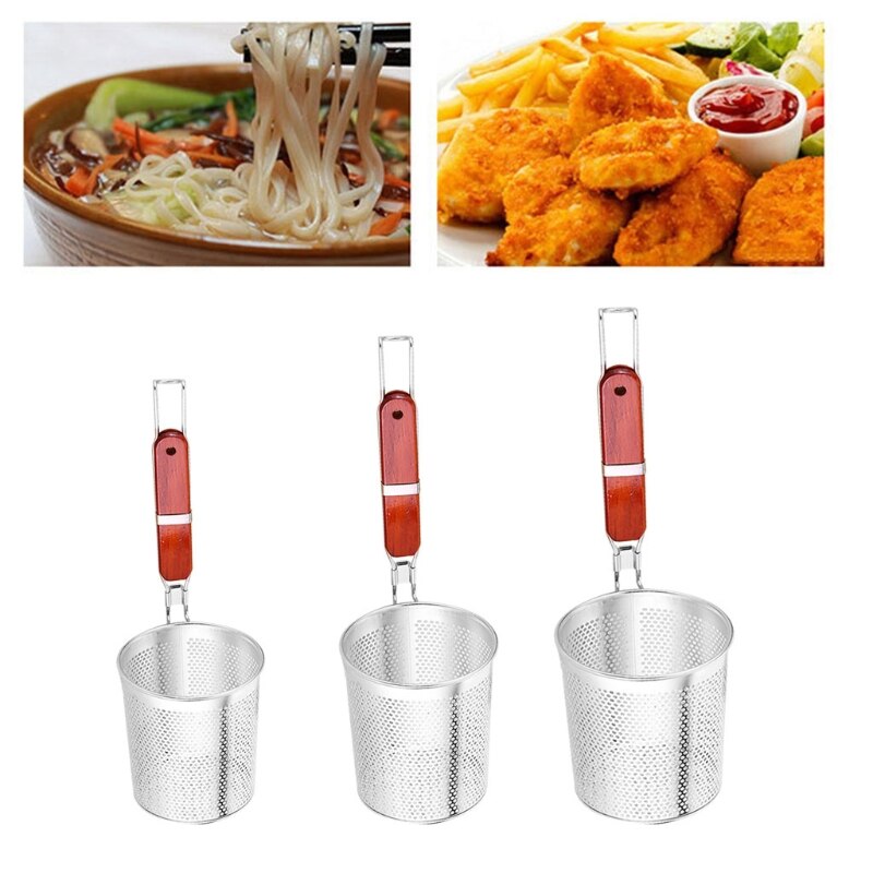 Stainless Steel Mesh Spider Strainer for Pasta Fine Sieve Mesh Strainer with Comfortable Wooden Handle Durable D08 21