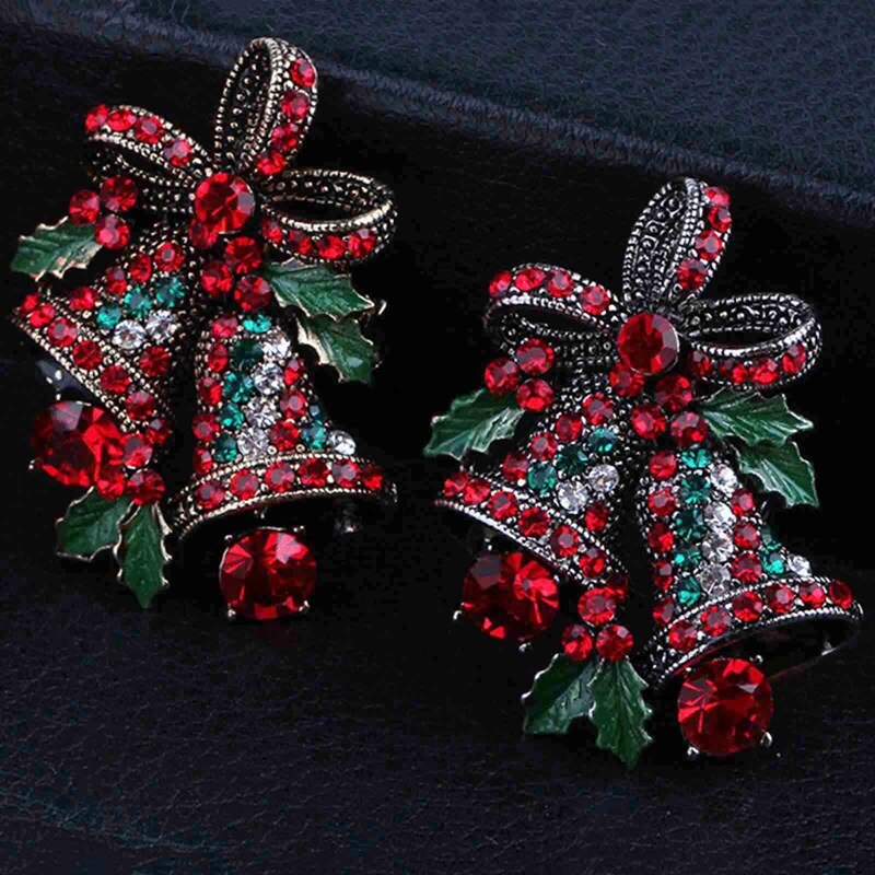 Rhinestone Crystal Strik Dubbele Klokken Broches Voor Kerst Ornamenten Pak Hijab Pins Creatieve