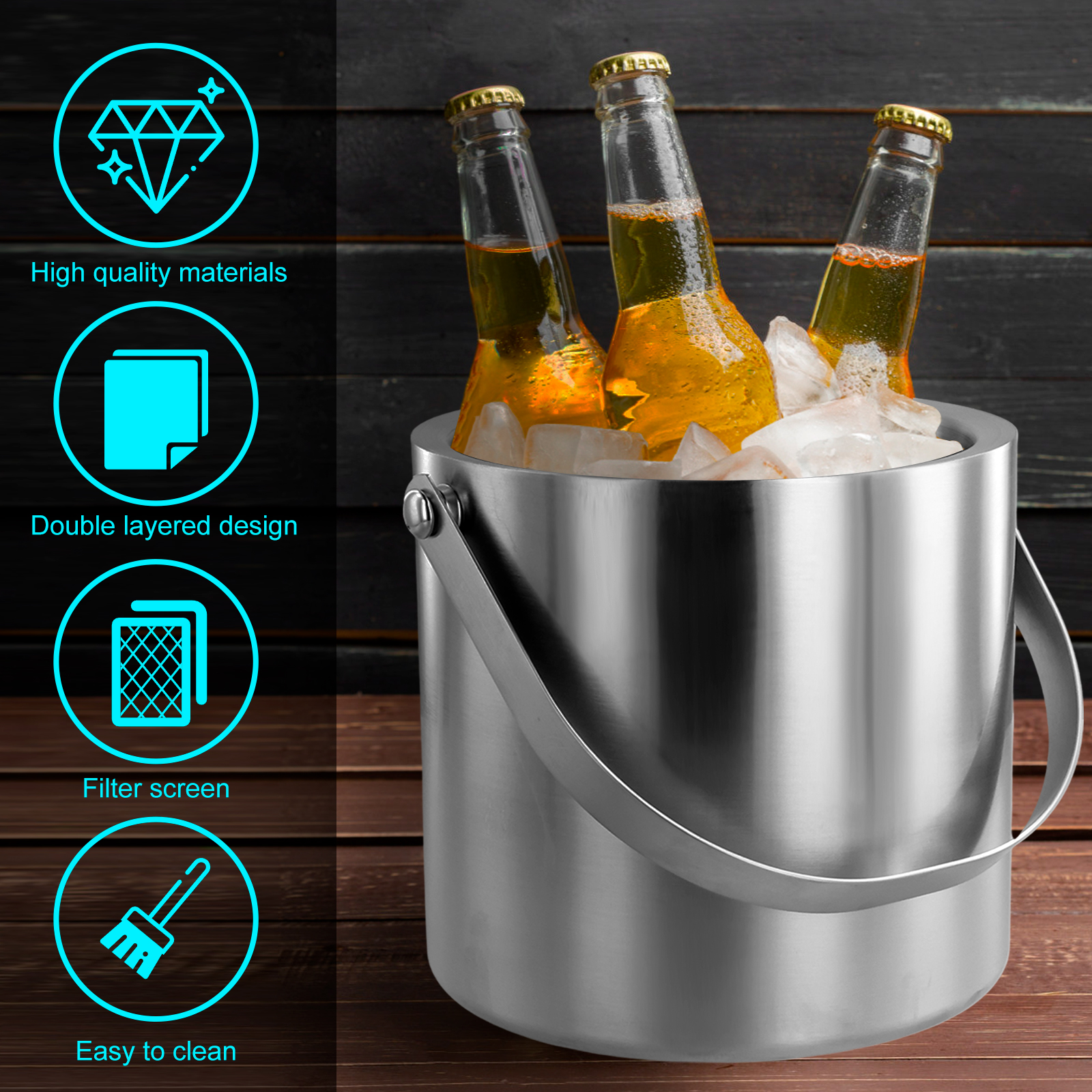 Cubo de hielo de acero inoxidable de doble pared, cubos de cerveza de champán aislados para bares, clubes nocturnos, contenedor de hielo para fiestas nocturnas, 2/3L