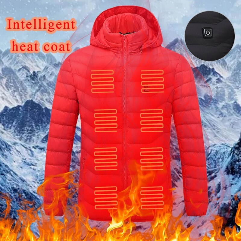 Heren winter warme usb-verwarmingsjassen jassen slimme thermostaat effen capuchon verwarmde parka's waterdichte warme buitenjassen: Rood / M