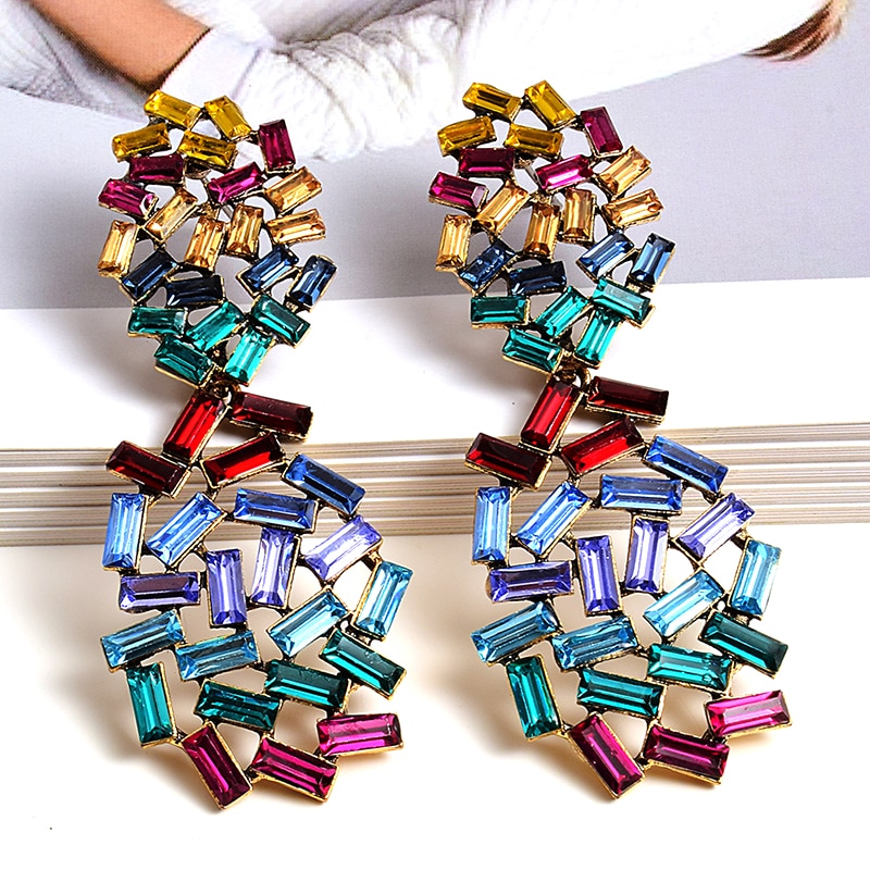 Verklaring Kleurrijke Crystal Lange Oorbellen Hoogwaardige Trend Rhinestone Earring Sieraden Accessoires Voor Vrouwen