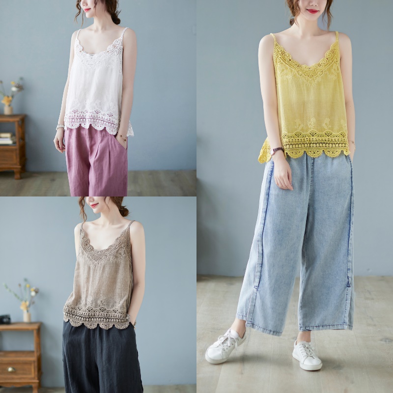 Summer Spaghetti Strap Tops Women Sleeveless V-Neck Floral Embroidery Casual Cotton Linen Tank Top Chinese Shirt Femme KK4455