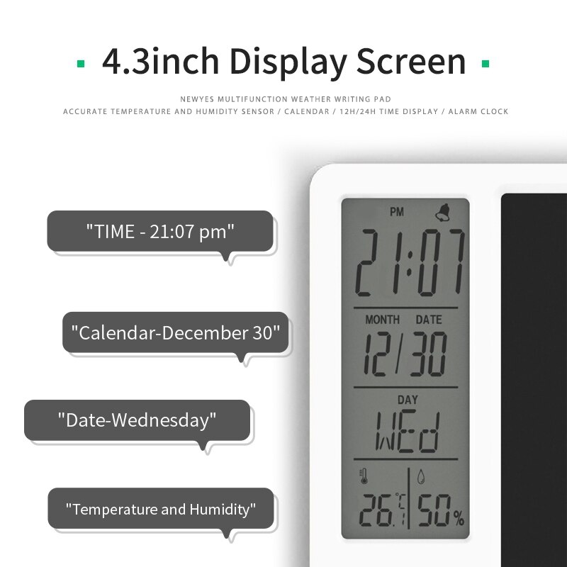 Digital Clock Calendar LCD Writing Pad - Temperature Humidity Display - White ABS