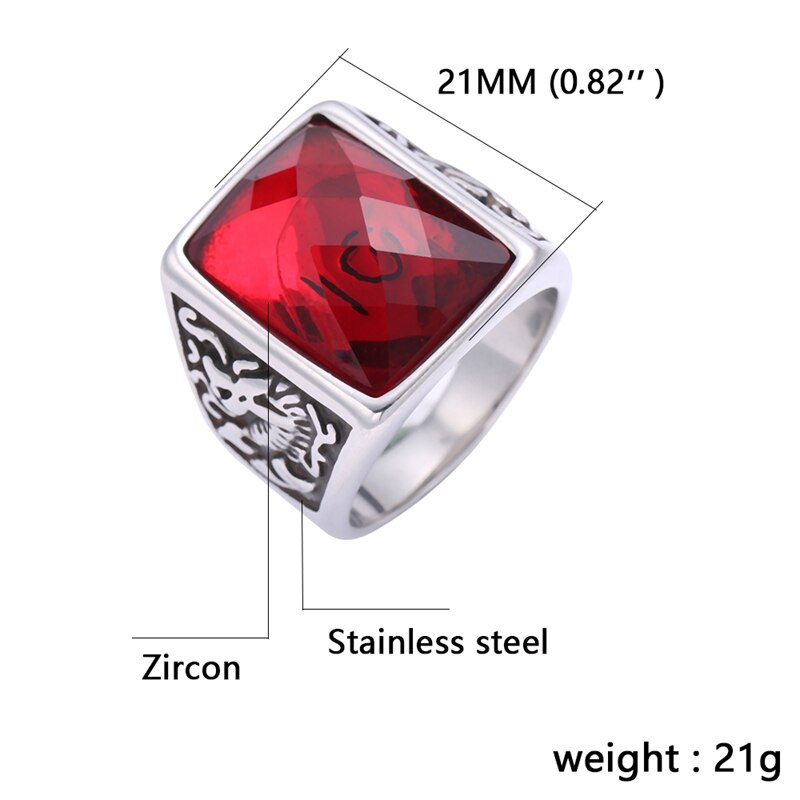 Punk Style Domineering Stainless Steel Men's Ring Red Zircon Vintage Ring Male Banquet Party Band Jewelry JZ0002