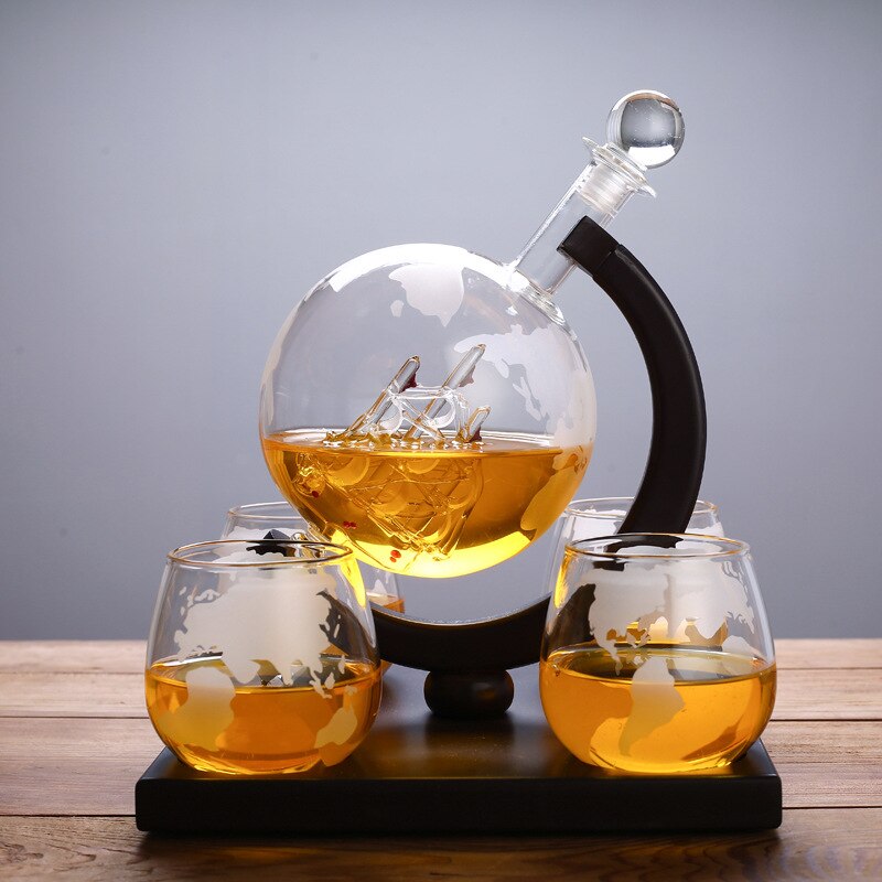 Whiskey Decanter Set Vodka Globe Decanter with 4 Glasses Liquor Dispenser with Wood Stand Wine Bureau