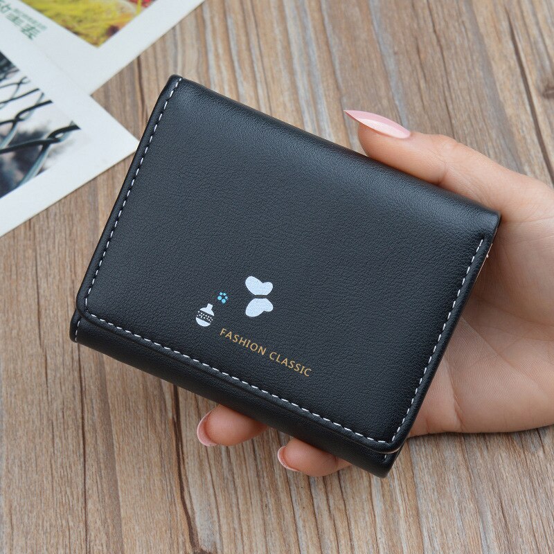 Portefeuille femme court Tri-fold porte-monnaie sac japonais coréen multi-fonctionnel cuir portefeuille filles porte-carte: Black