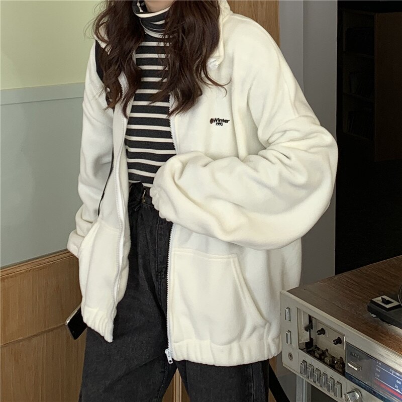Hættetrøjer kvinder lynlås-nedslået krave trykt lomme langærmet koreansk stil trendy afslappet bf ulzzang harajuku kvinders dagligt