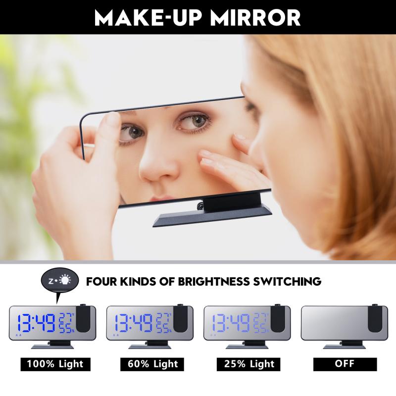 Réveil numérique LED 3 couleurs, Radio-Projection avec miroir de température et d&#39;humidité, horloge multifonctionnelle, affichage de l&#39;heure de chevet
