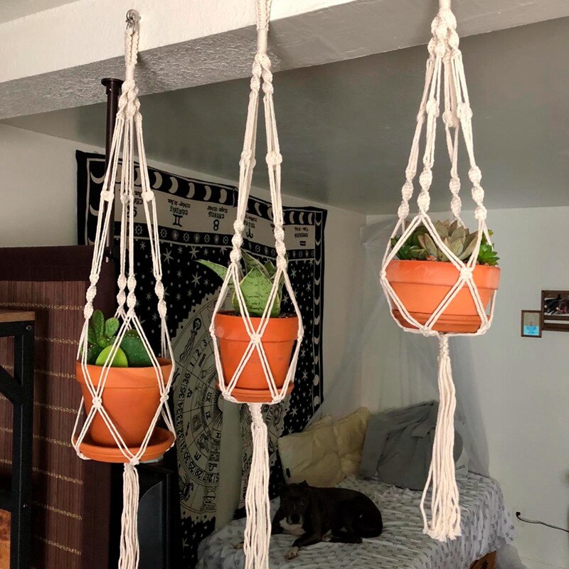 Handmade Cotton Macrame Plant Hanger Flower Pot Hanger for Wall Decoration Courtyard Garden Hanging Planter Hanging Basket