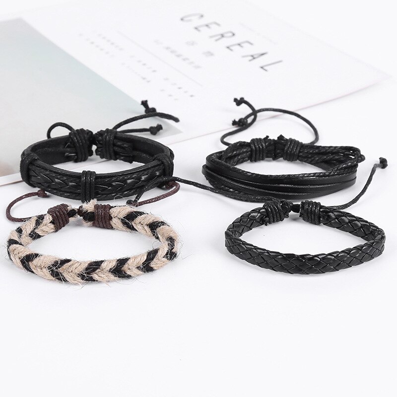 Pulseira de couro trançado 4 pçs/set, pulseiras para homens e mulheres, vintage, contas de madeira, cruz, étnica, esperança