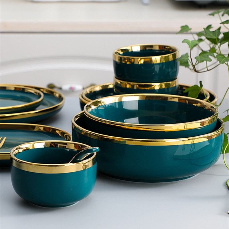 1pcs High Grade Green With Gold Lnlay Plates Steak Food Tray Nordic Ceramic Dinner Dish Salad Bowl Spoon Porcelain Dinnerware